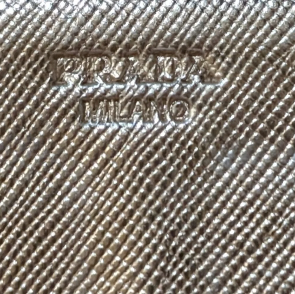 Prada • Saffiano Leather Bi-fold Zip Organizer Wallet in Taupe w/ Gold Interior